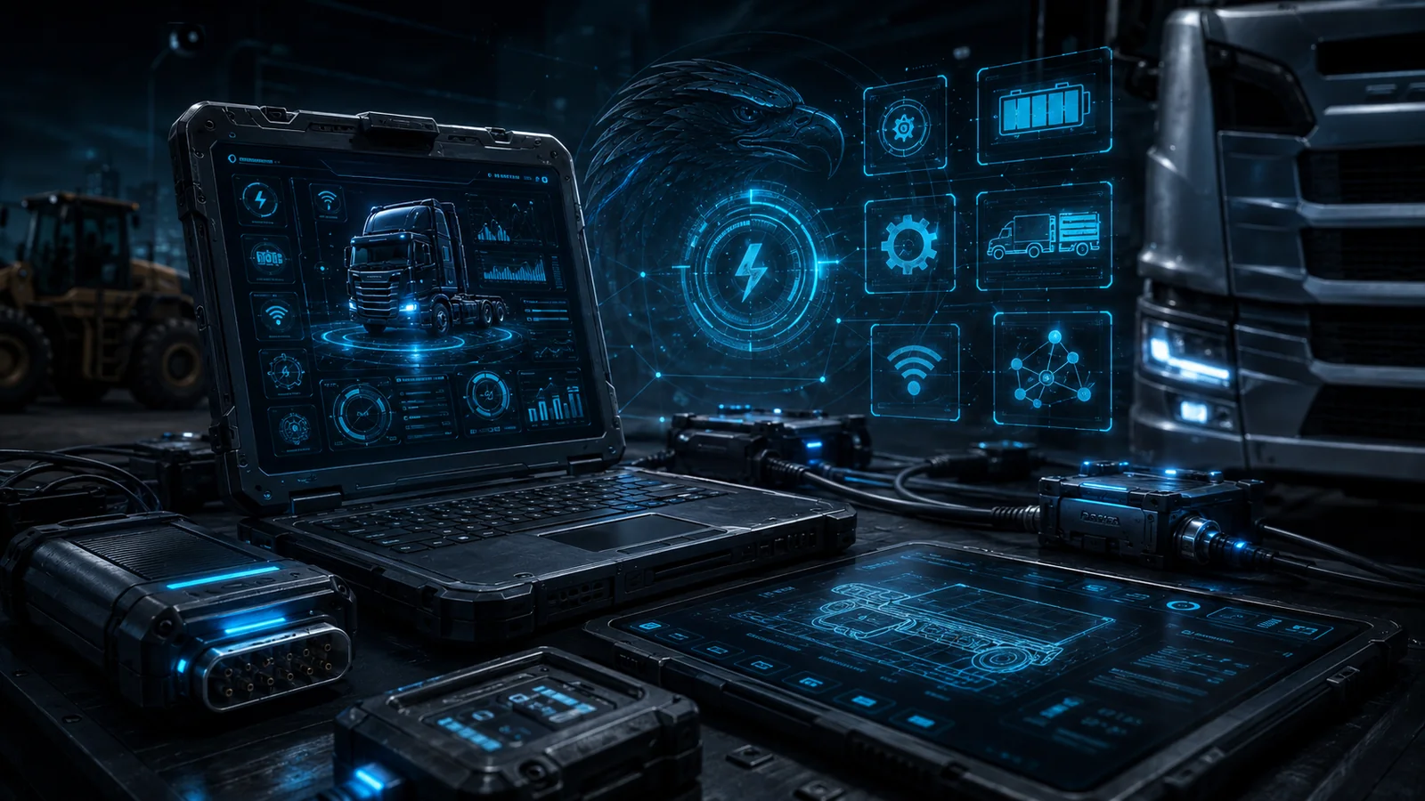 Rugged diagnostic laptops, vehicle communication interfaces, and connected fleet software